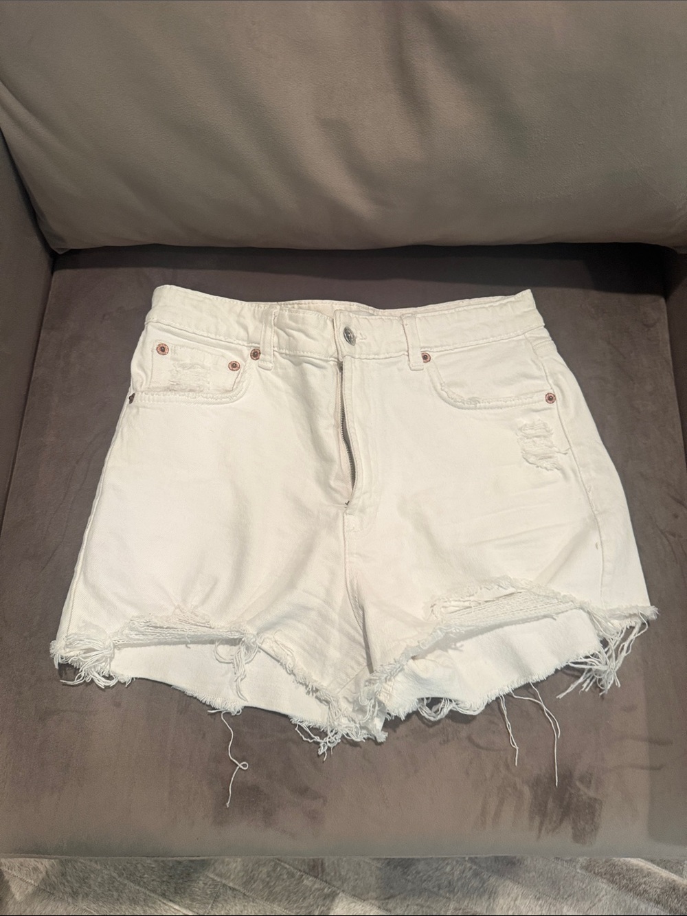 Zara White Distressed High-Rise Denim Shorts